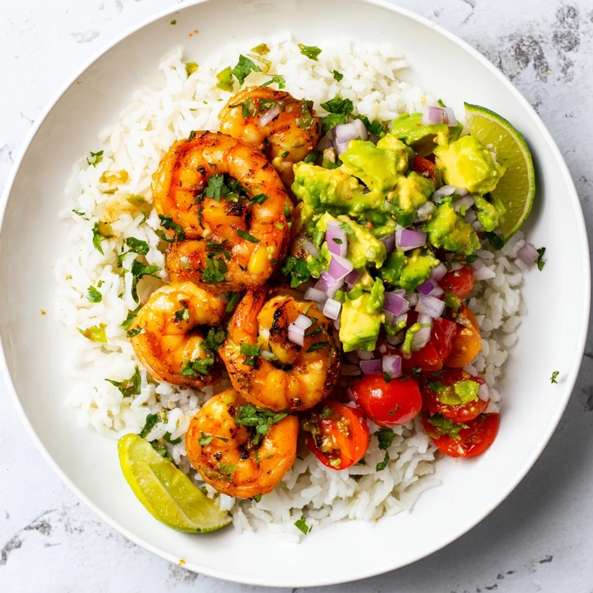 Colorful bowl of spiced shrimp rice dish garnished with chunky avocado salsa and extra fresh herbs