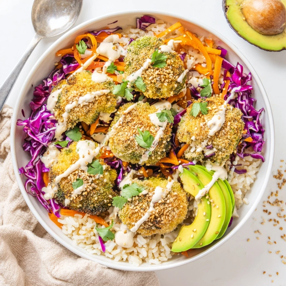 Vibrant veggie bowl featuring crispy bang bang broccoli topped with nutty sesame drizzle