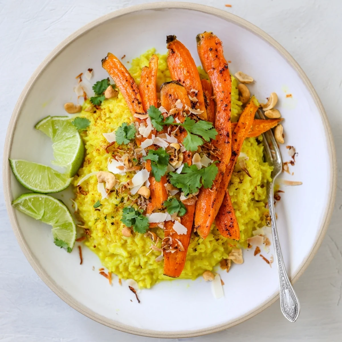 Golden turmeric coconut rice topped with crispy roasted carrot ribbons and fresh cilantro garnish