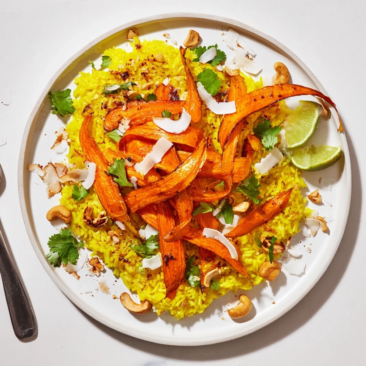 Creamy turmeric-infused rice bowl featuring roasted carrot ribbons and crunchy cashew toppings