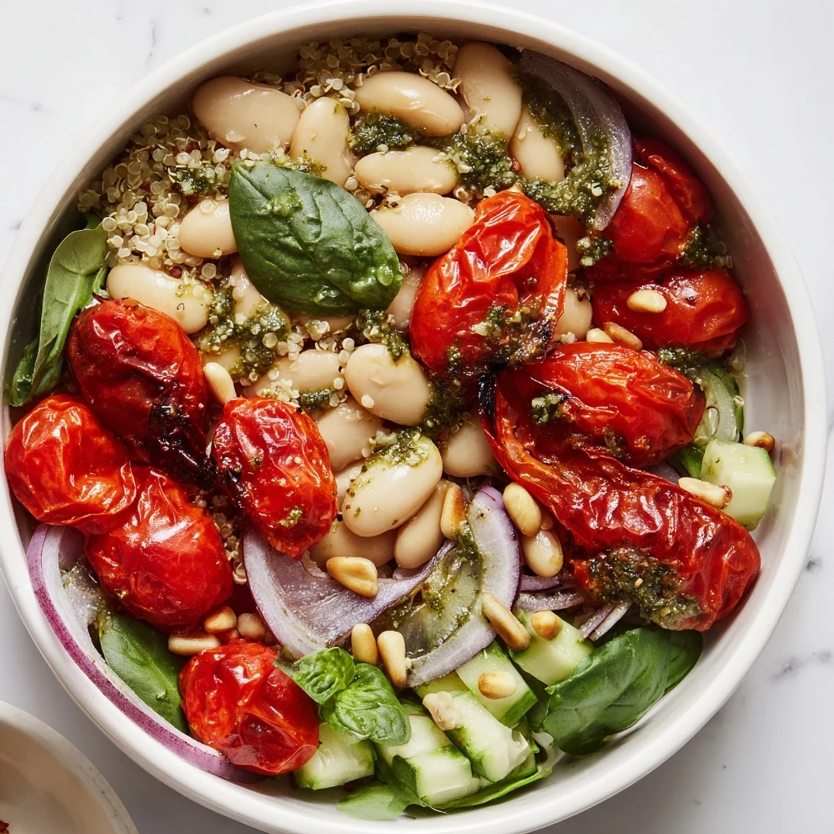 Vibrant pesto butter bean grain bowl featuring burst cherry tomatoes over fluffy quinoa with fresh basil garnish