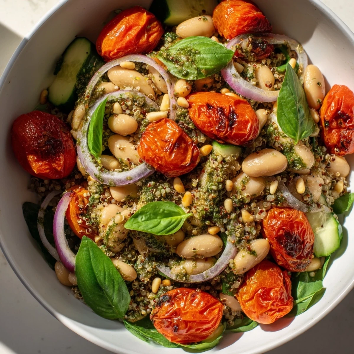 Creamy butter beans and juicy burst cherry tomatoes nestled in a Mediterranean grain bowl with zesty basil pesto