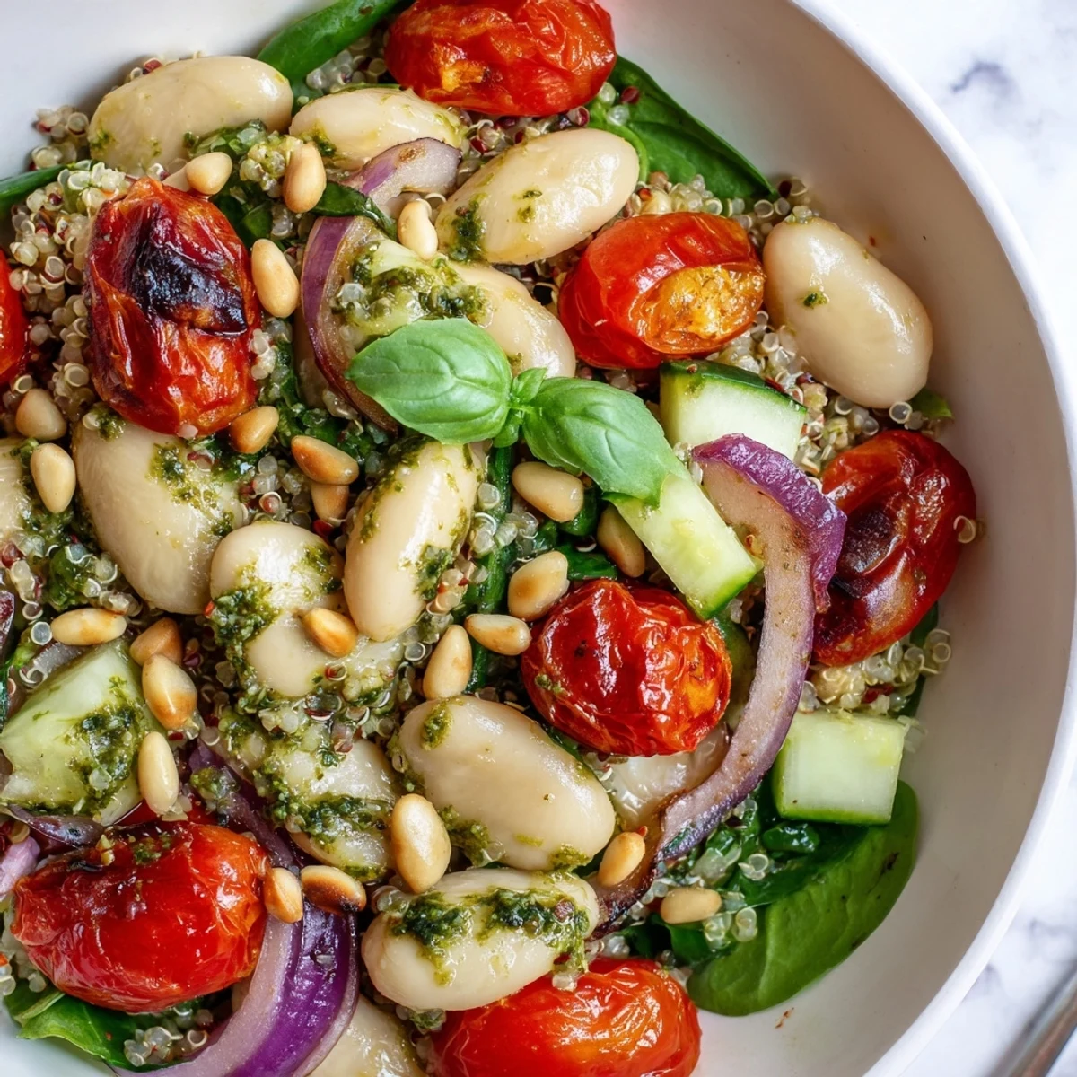 Colorful vegetarian grain bowl with butter beans, burst tomatoes, crisp vegetables, and vibrant green pesto drizzle