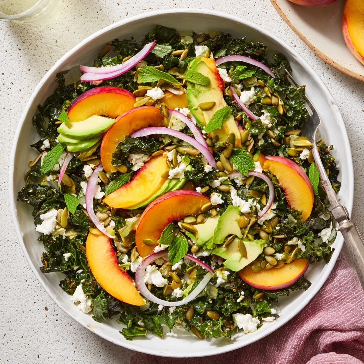 Colorful shaved kale and nectarine salad bowl topped with crumbled feta and crunchy pistachios