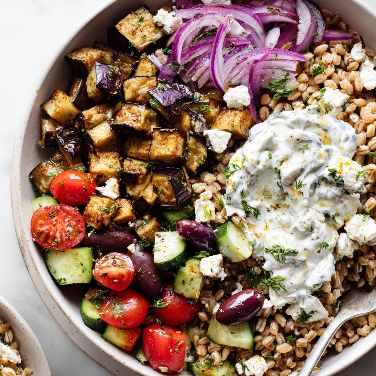 Hearty roasted eggplant grain bowl featuring crisp veggies, feta cheese, and tangy tzatziki swirl