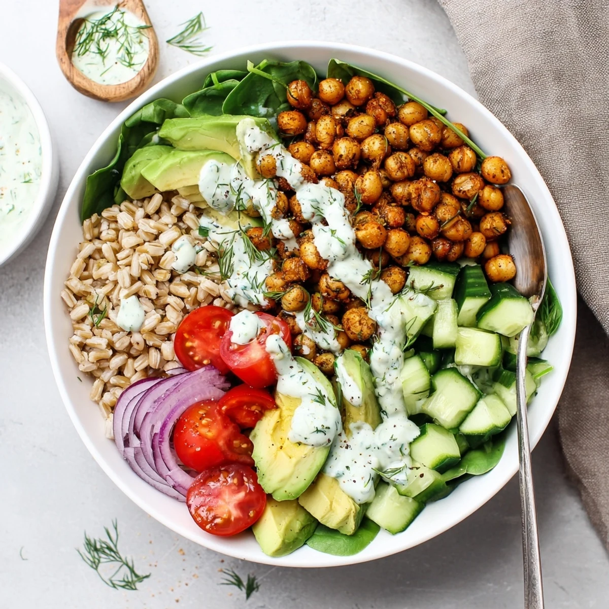 Golden roasted lemon pepper chickpeas atop fluffy grains with fresh vegetables and creamy herbed yogurt drizzle