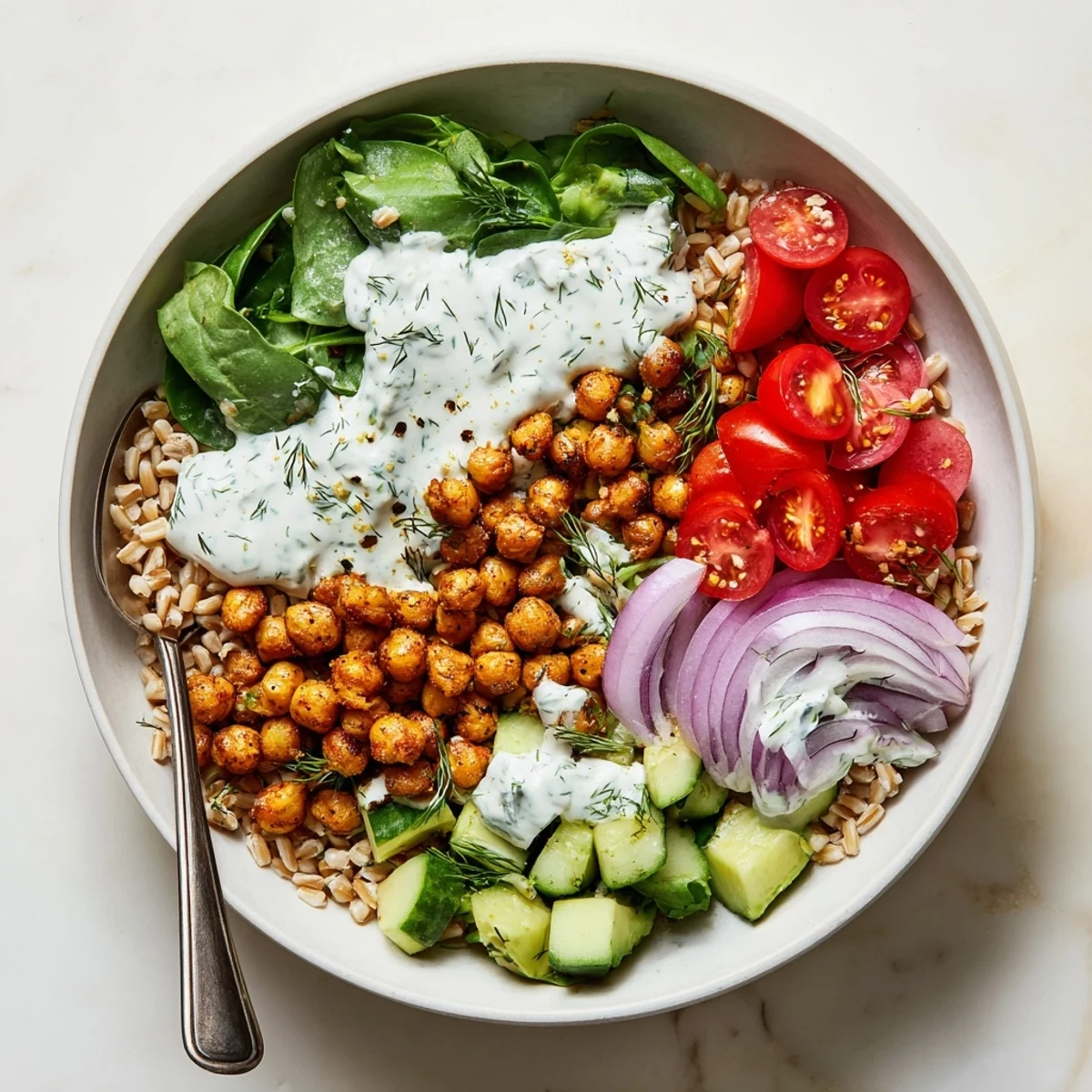 Colorful Mediterranean grain bowl featuring crispy spiced chickpeas, avocado, cherry tomatoes, and tangy yogurt sauce