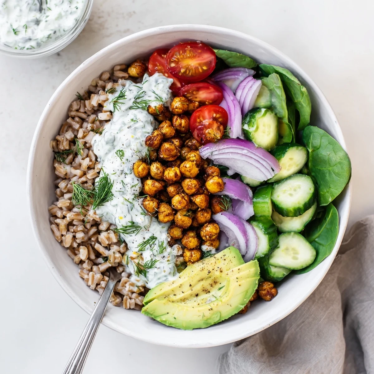 Wholesome chickpea grain bowl with crunchy lemon-pepper topping, vibrant veggies, and cooling herb yogurt dressing