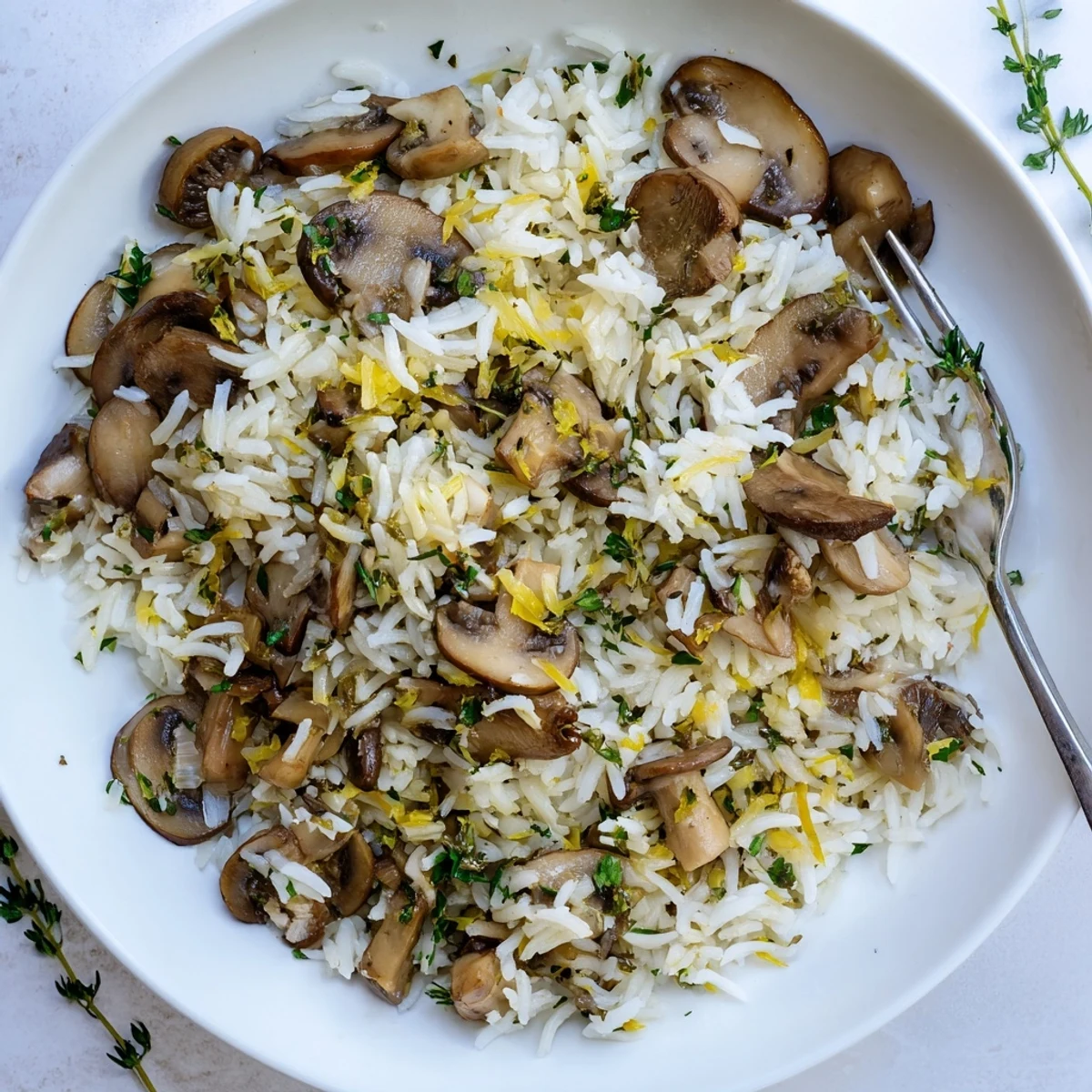 Golden garlic butter mushroom rice with fresh thyme garnish served in a white bowl