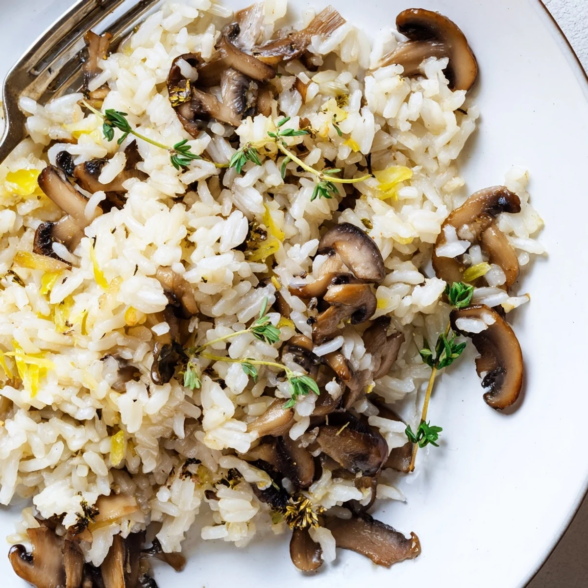 Creamy vegetarian side featuring buttery mushrooms and rice speckled with green thyme leaves