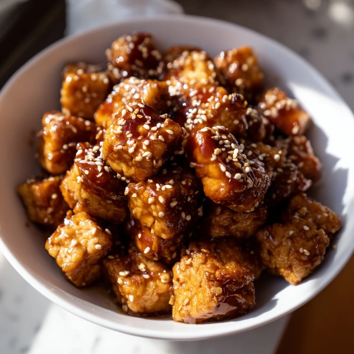 Golden glazed tofu cubes in sticky miso maple sauce atop fluffy white rice with crunchy purple cabbage slaw