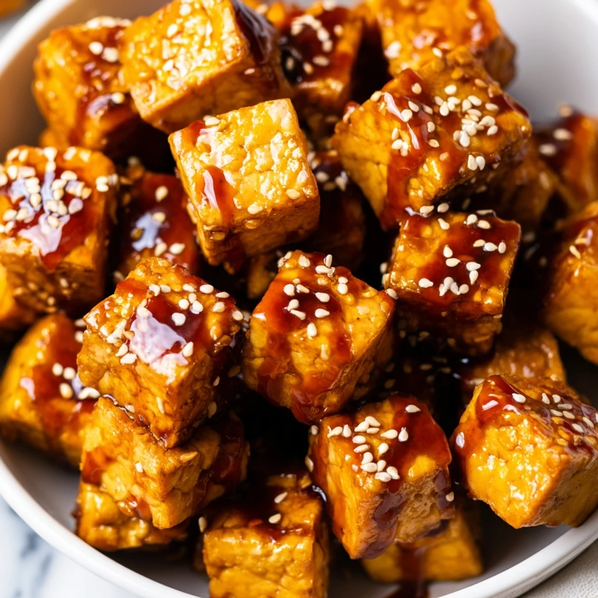 Vegan bowl featuring crispy caramelized tofu with sweet miso maple glaze served over sesame cabbage and fresh cucumber