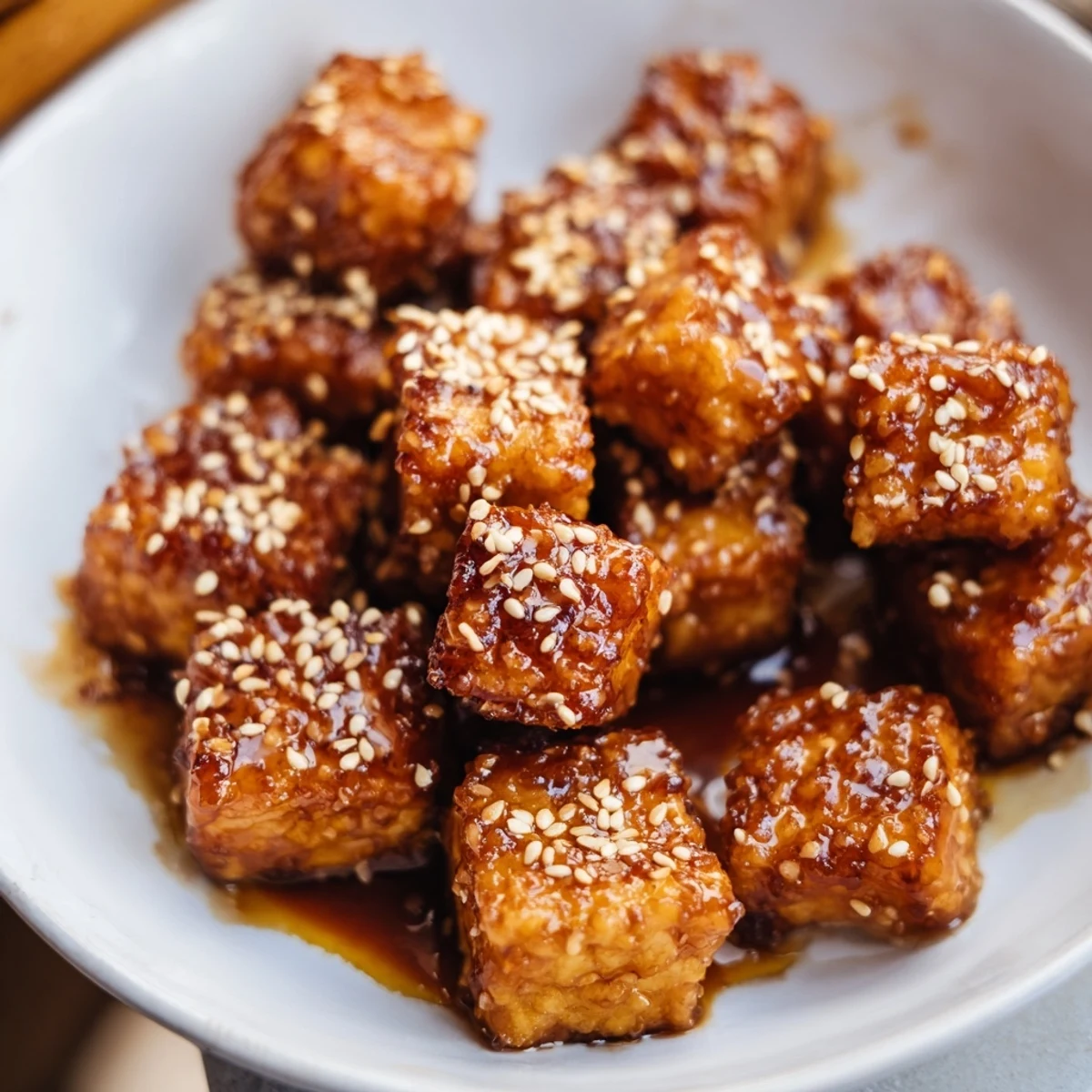 Colorful grain bowl with maple miso glazed tofu cubes, tangy sesame cabbage slaw, and jasmine rice garnished with herbs