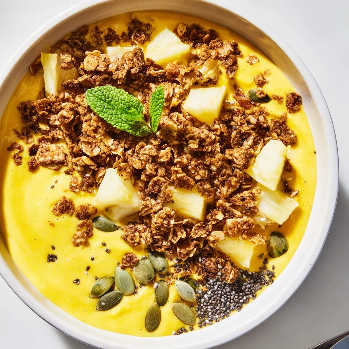 Vibrant tropical breakfast bowl featuring creamy turmeric pineapple smoothie with granola and coconut flakes