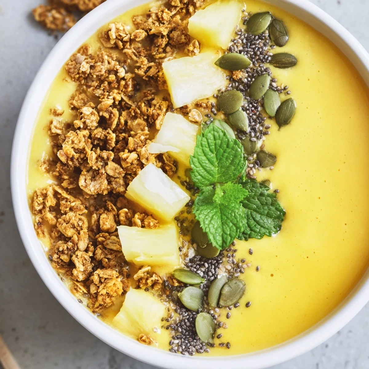 Golden yellow pineapple turmeric smoothie bowl topped with crunchy granola clusters and fresh tropical fruit