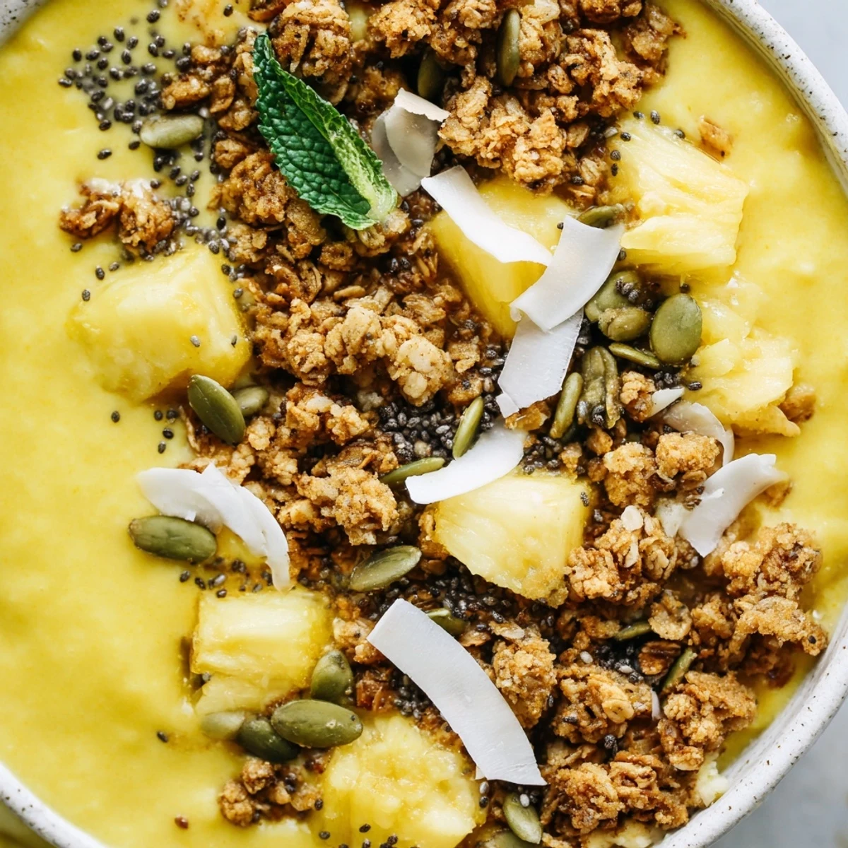 Creamy pineapple turmeric smoothie bowl garnished with granola clusters chia seeds and fresh mint