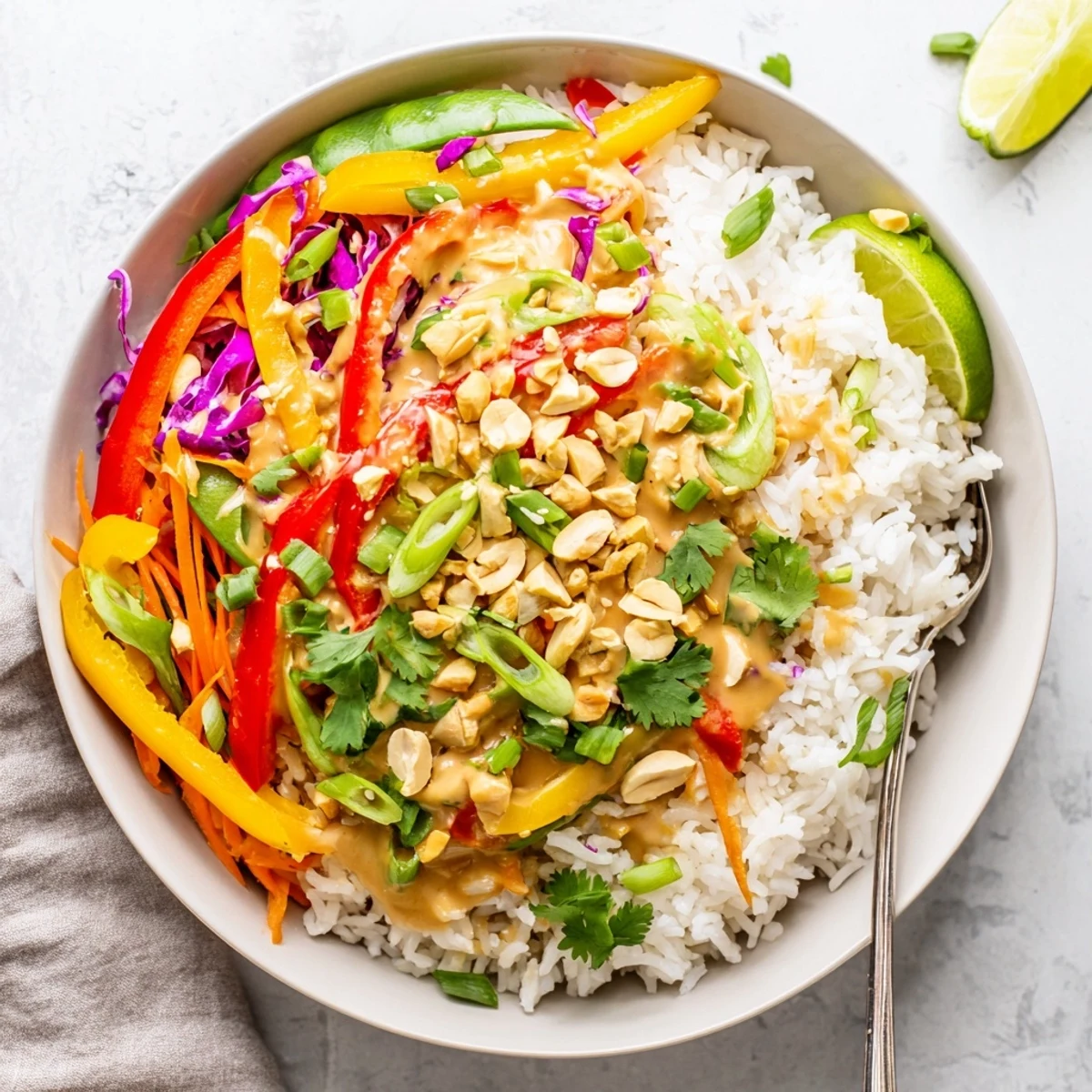 Colorful spicy Thai peanut rice bowl topped with crunchy fresh vegetables and chopped roasted peanuts