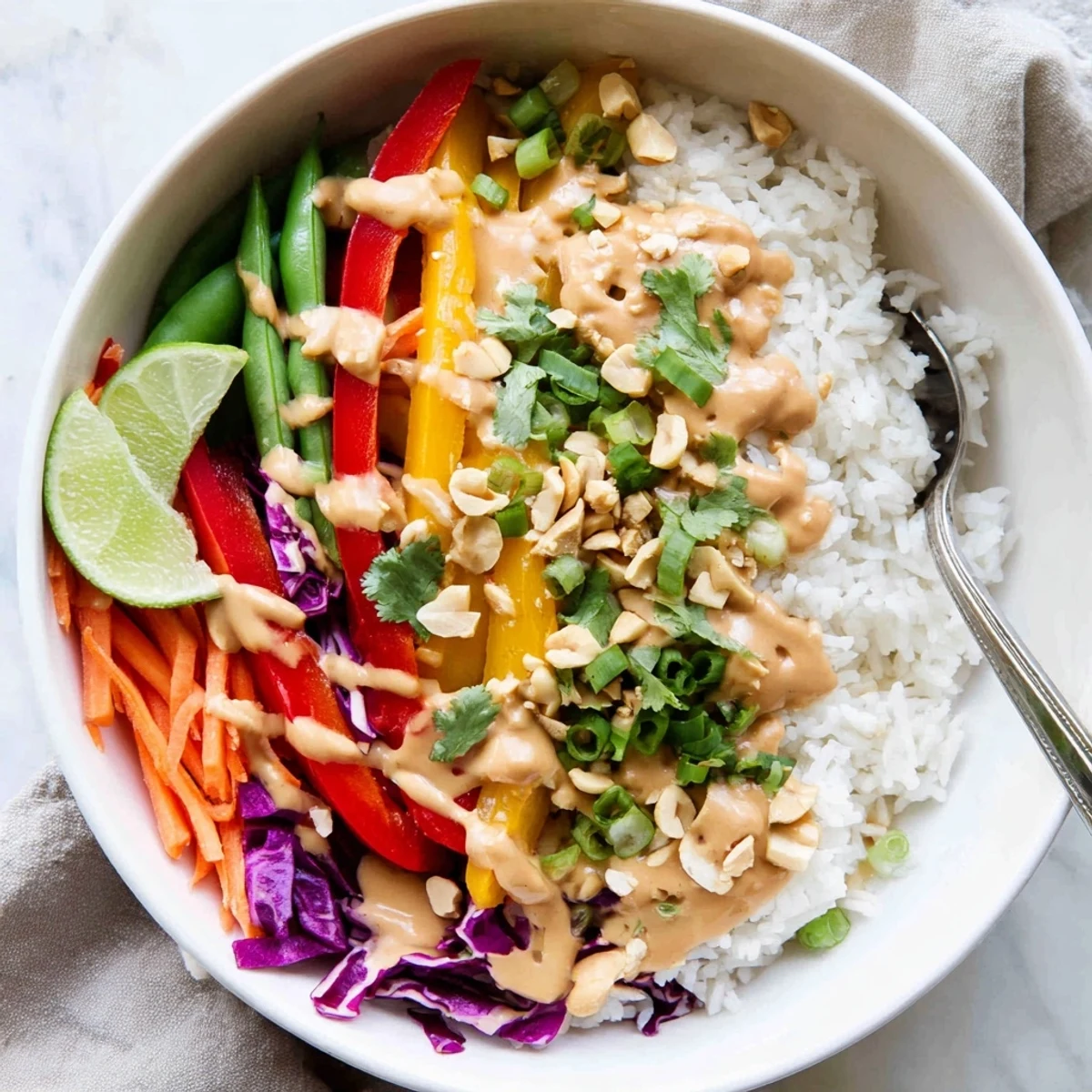Creamy peanut sauce drizzled over jasmine rice with vibrant bell peppers and crisp purple cabbage shreds