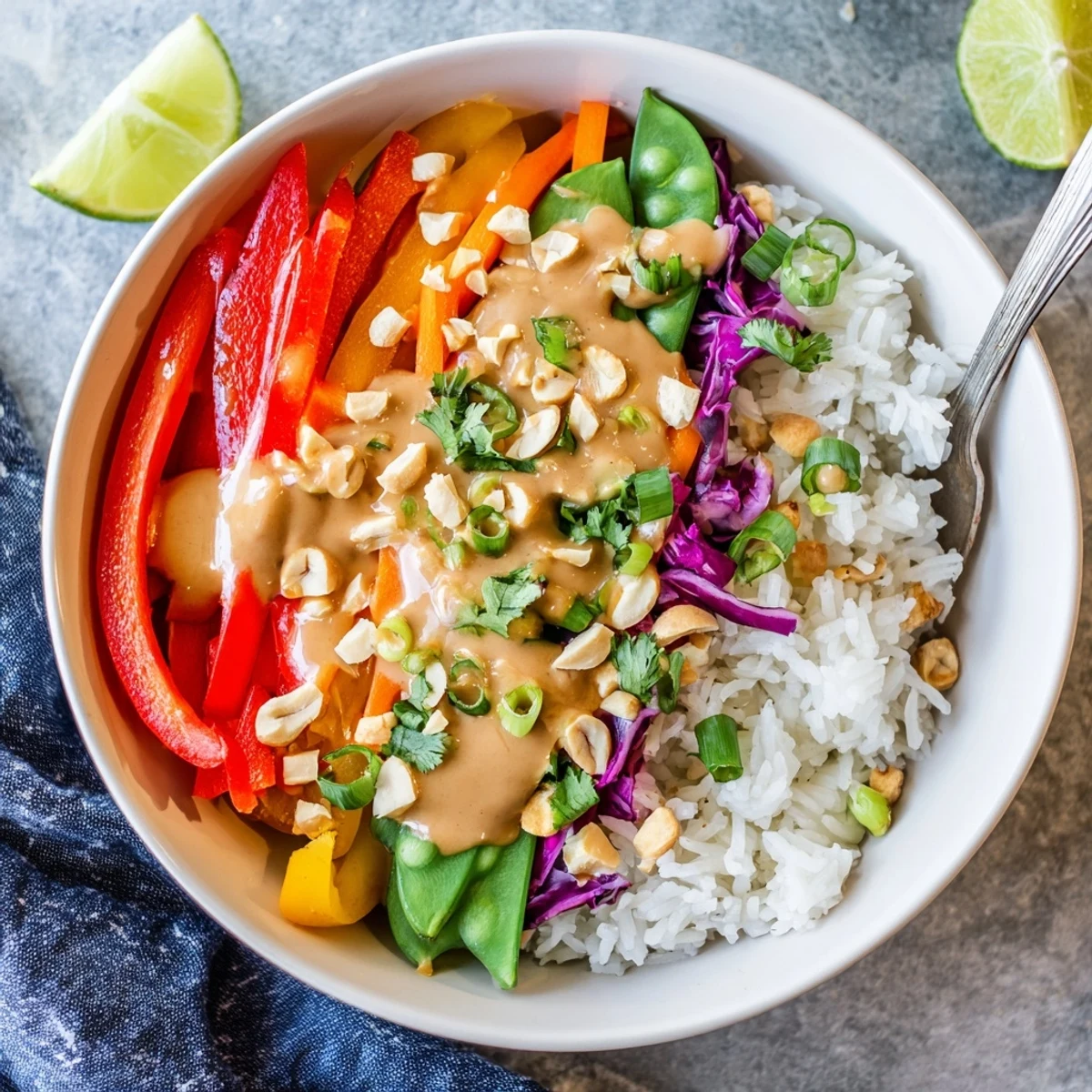 Vegetarian Thai peanut rice dish featuring snap peas, carrots, and garnishes of cilantro and lime wedges