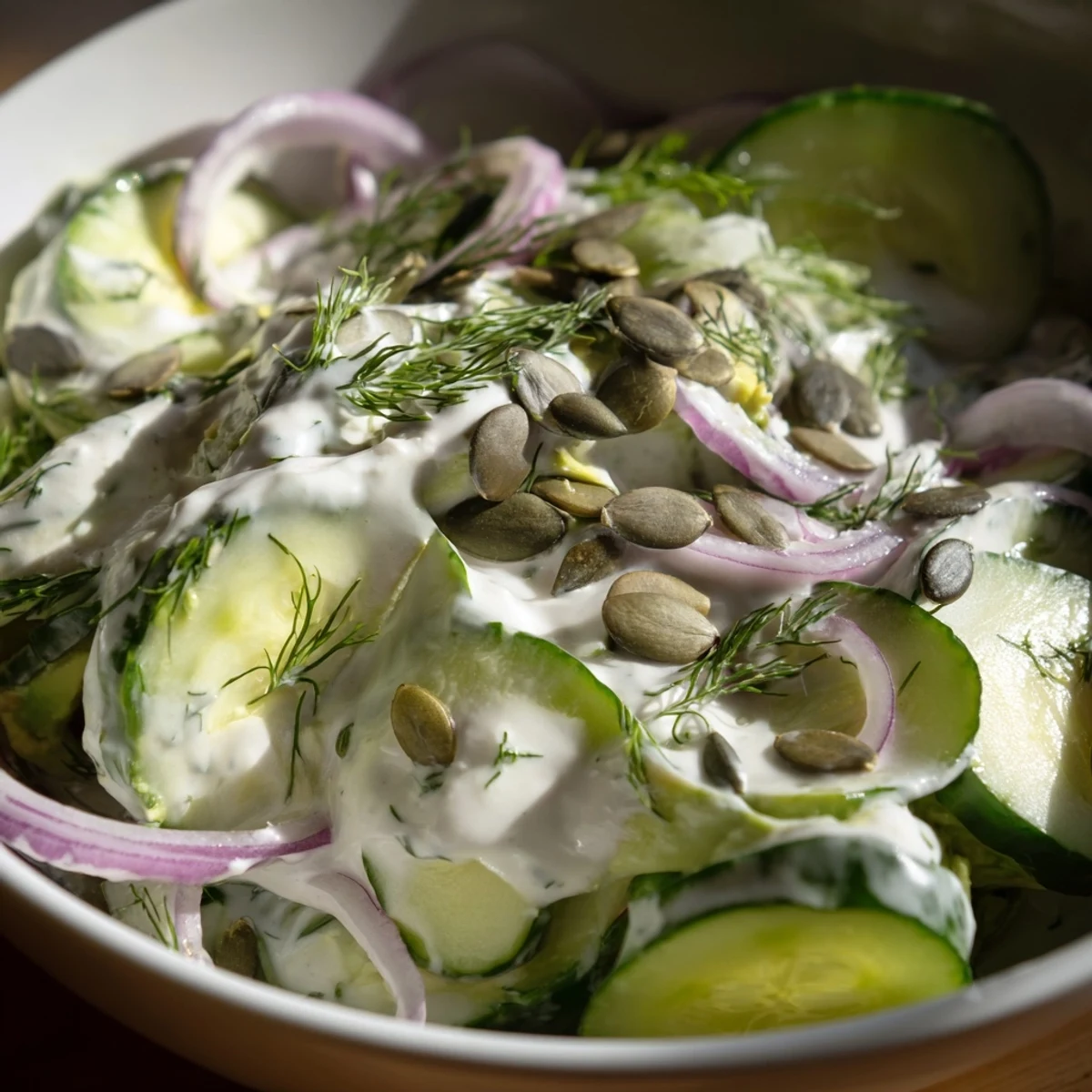 Vibrant cucumber avocado salad tossed in Greek yogurt dressing and topped with toasted pepitas