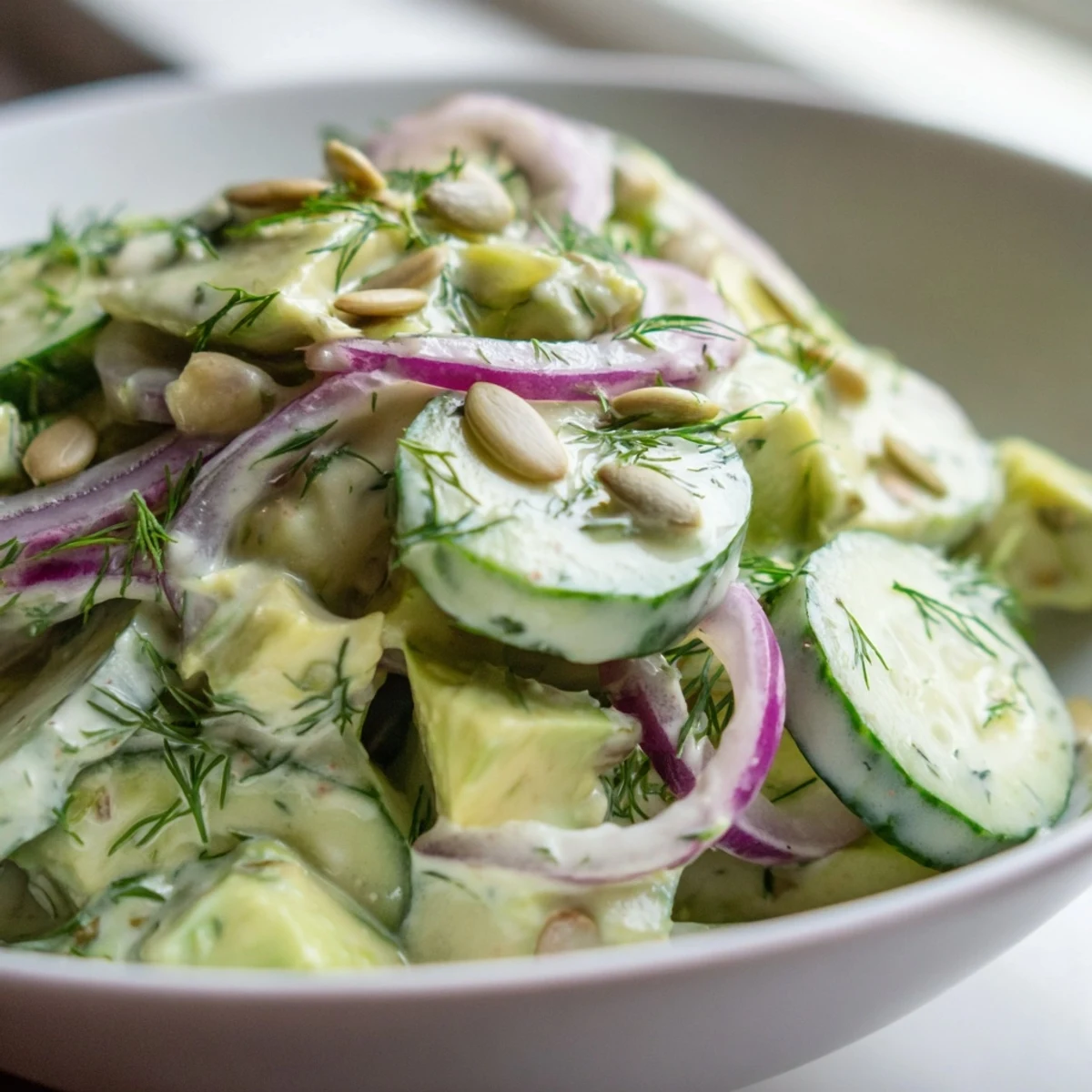 Fresh cucumber dill salad with creamy avocado pieces and pumpkin seed garnish on a light background