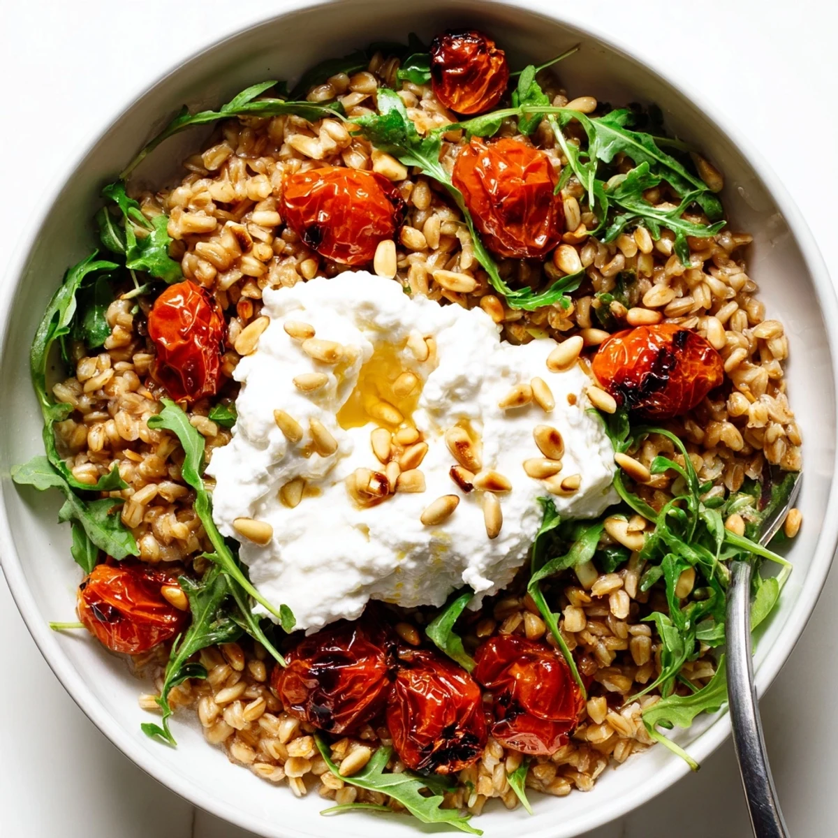 Colorful roasted tomato basil farro grain bowl topped with creamy whipped ricotta and fresh greens