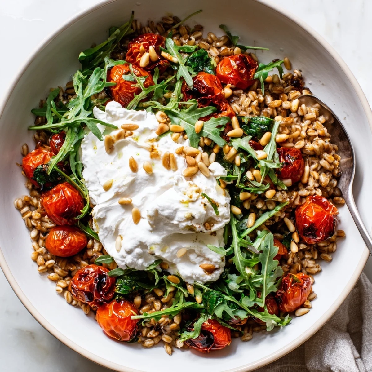 Mediterranean farro bowl featuring blistered tomatoes, fluffy ricotta, basil, and arugula on rustic wooden table