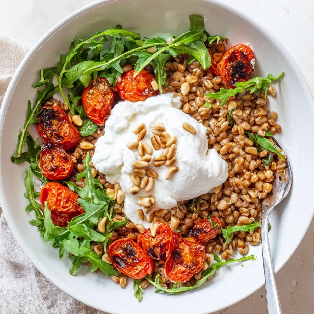 Hearty tomato basil farro grain bowl with whipped ricotta, pine nuts, and vibrant roasted vegetables