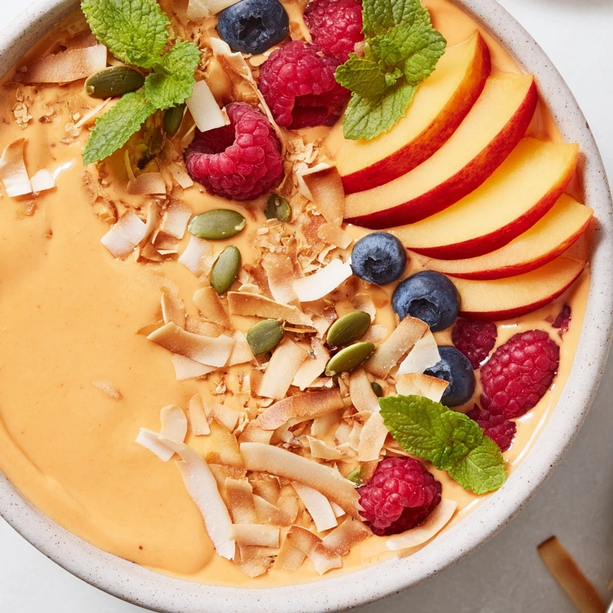 Creamy peach ginger smoothie bowl topped with golden toasted coconut and fresh berries