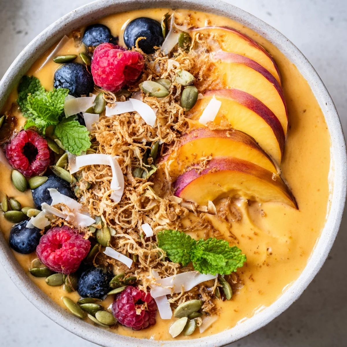 Vibrant breakfast bowl featuring sweet peaches with zesty ginger and crunchy coconut garnish
