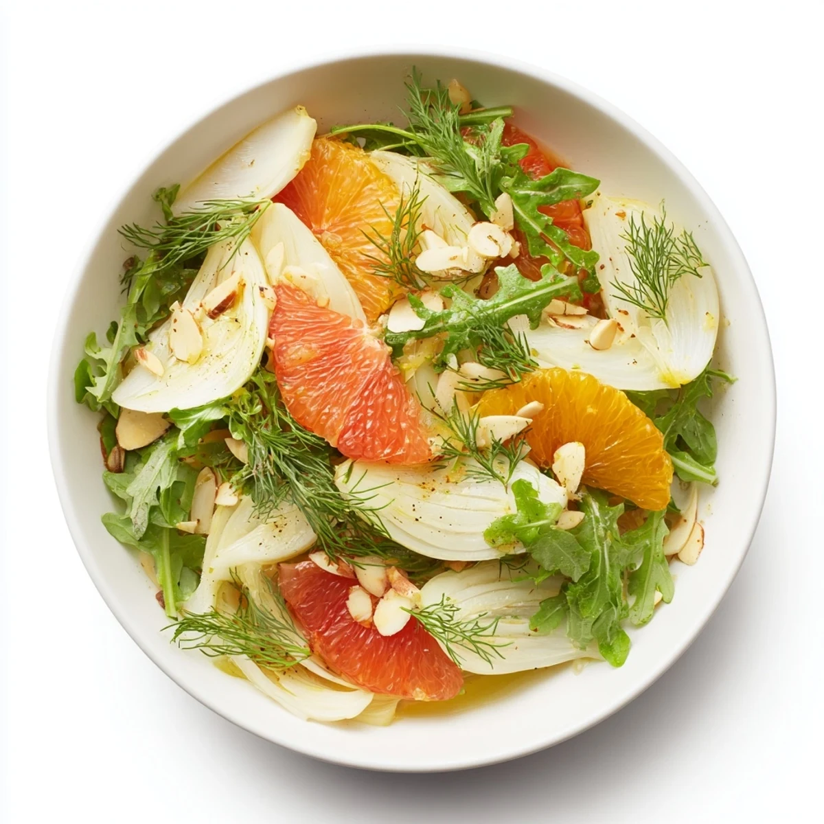 Glowing bowl of citrus fennel and arugula salad with almond crunch garnish