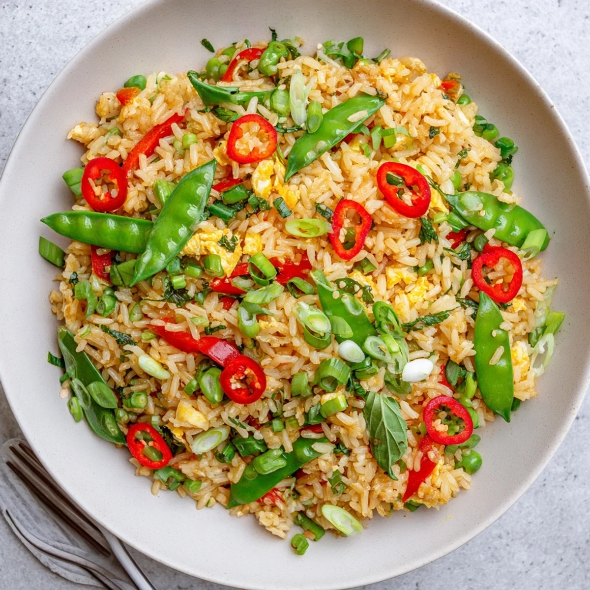 Fragrant Thai basil garlic fried rice plated with snap peas and sliced chilies