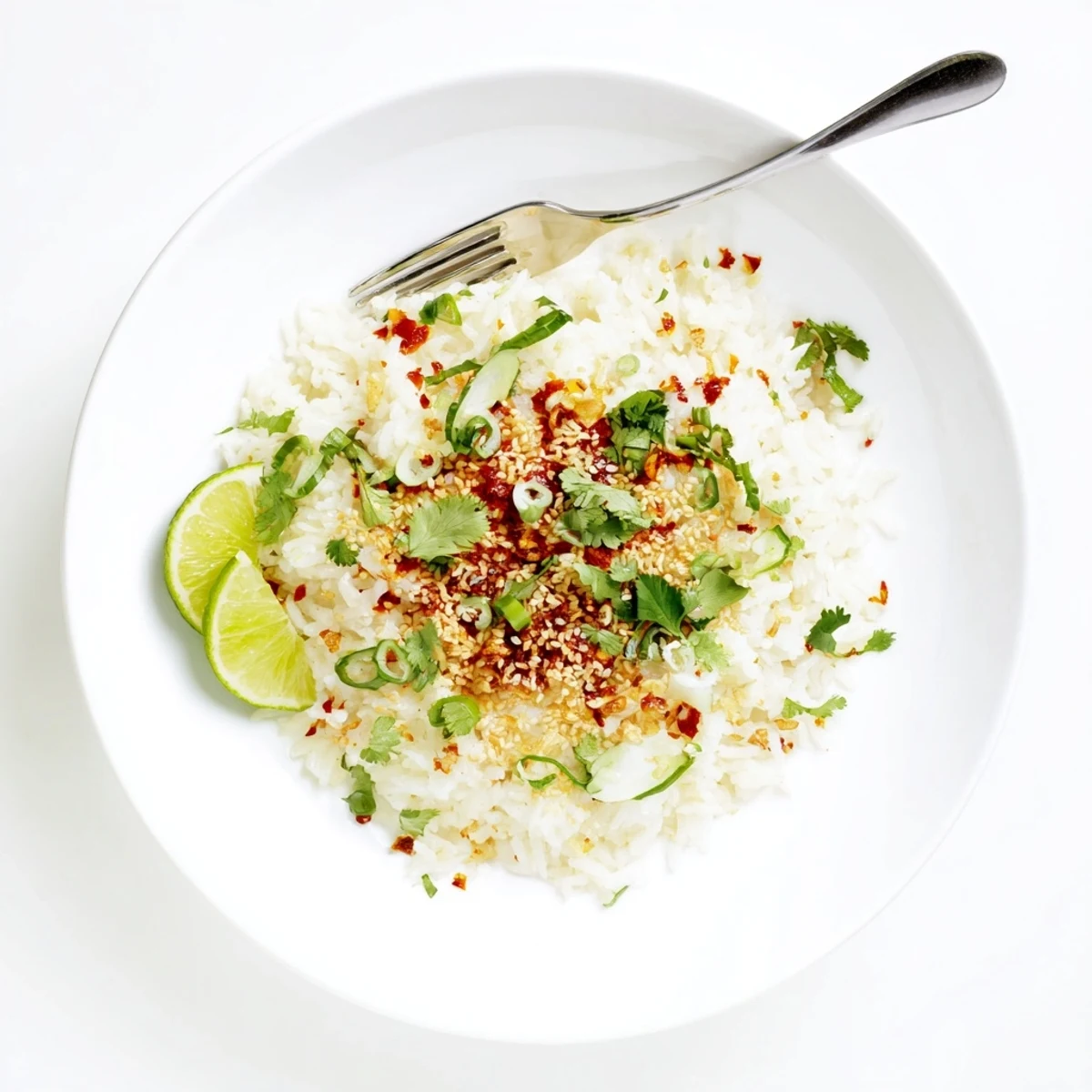 Fluffy coconut ginger jasmine rice topped with vibrant cilantro, scallions, and spicy chili crisp drizzle