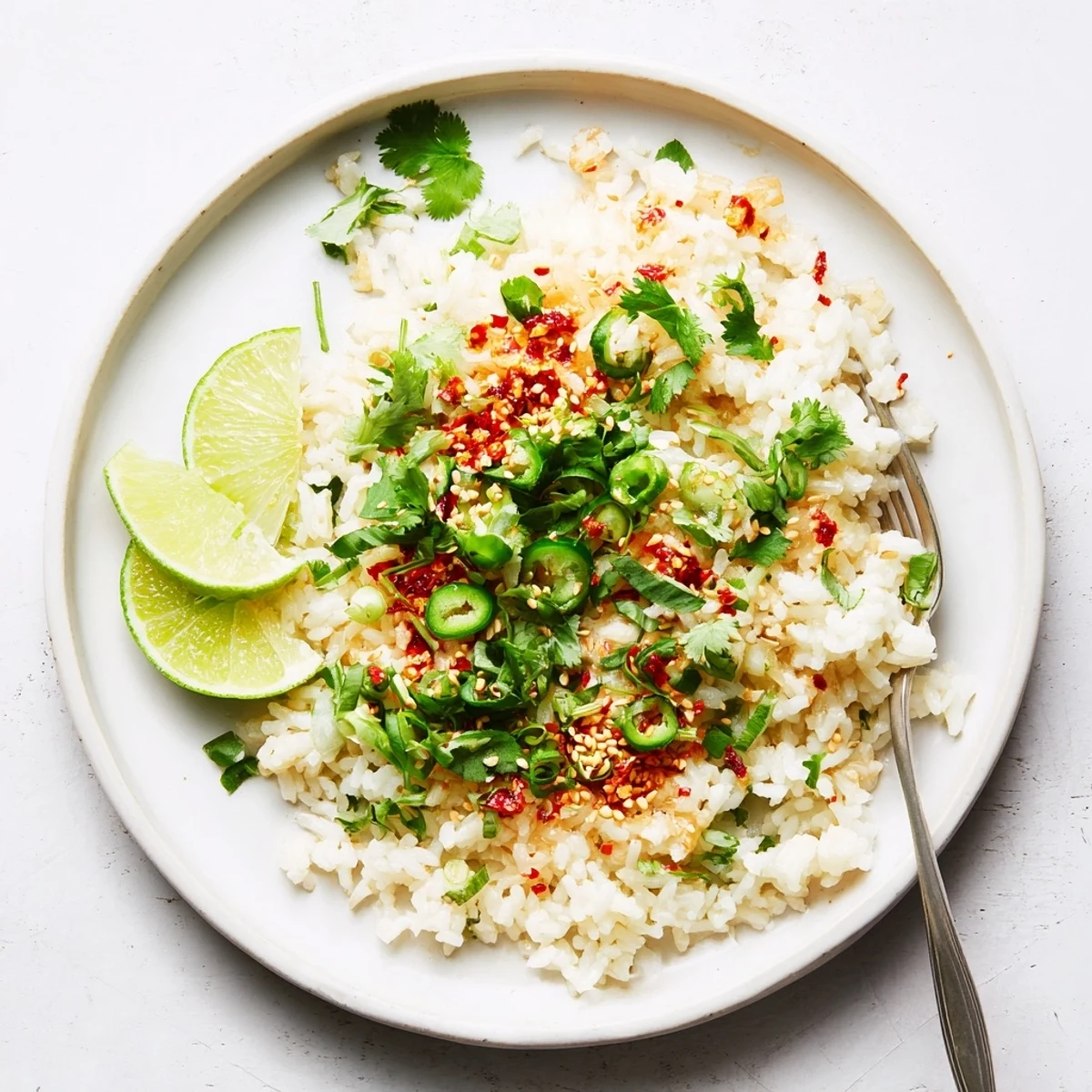 Creamy jasmine rice infused with coconut milk and fresh ginger finished with crispy chili oil and herbs