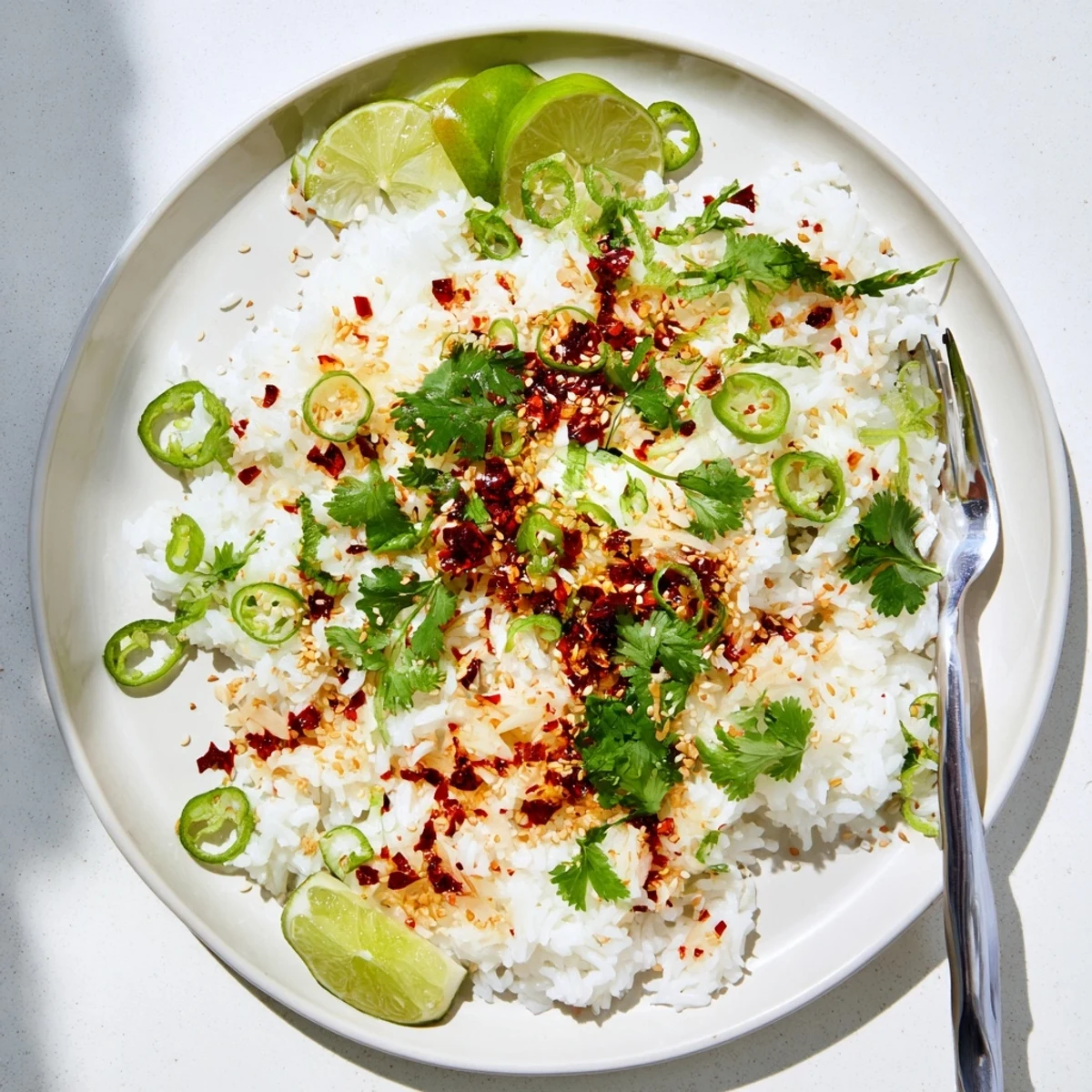 Steaming bowl of coconut jasmine rice with ginger garnished with cilantro and drizzled with spicy chili crisp