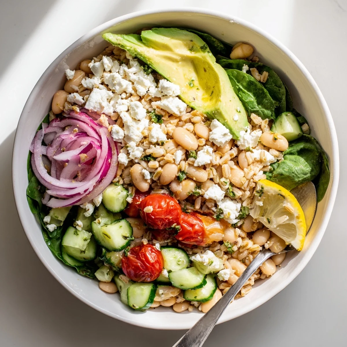 Wholesome vegetarian grain bowl with roasted garlic butter beans fresh herbs and tangy lemon dressing