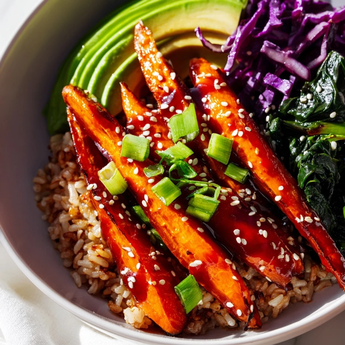 Colorful spicy gochujang roasted carrot veggie bowl with sesame greens and fresh vegetables arranged in a serving bowl