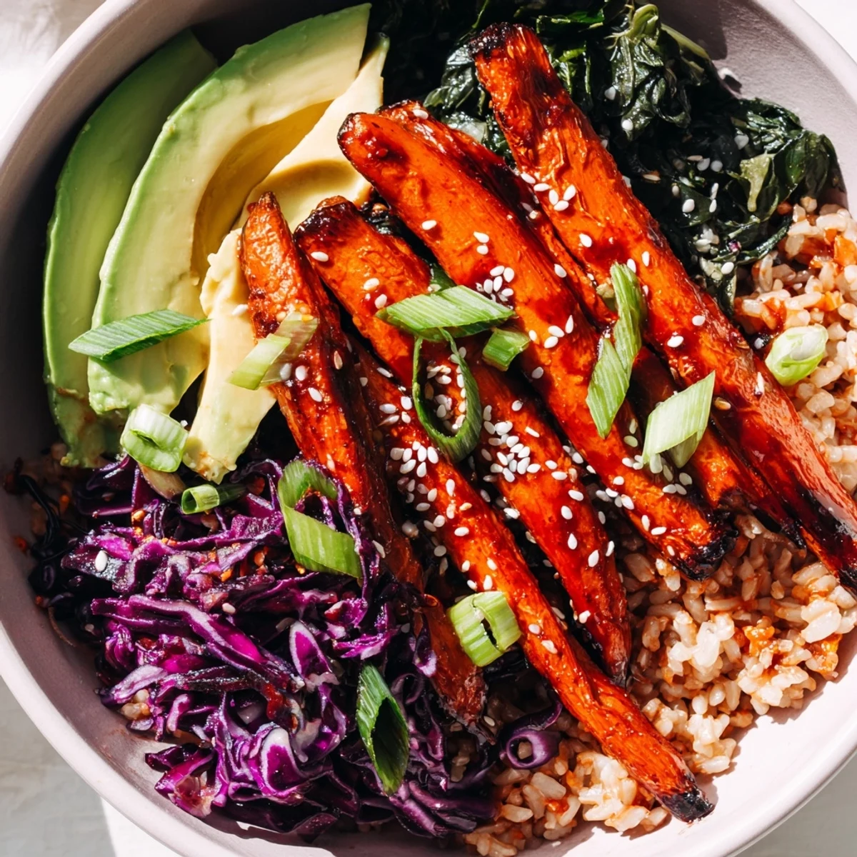 Vibrant grain bowl showcasing spicy gochujang roasted carrot veggie bowl with nutty sesame greens, crisp cabbage, and creamy avocado slices