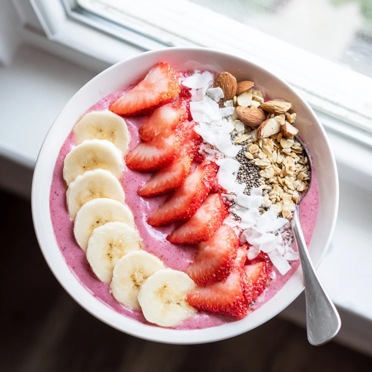 Thick creamy strawberry banana almond smoothie bowl topped with fresh fruit, crunchy granola, and hemp seeds