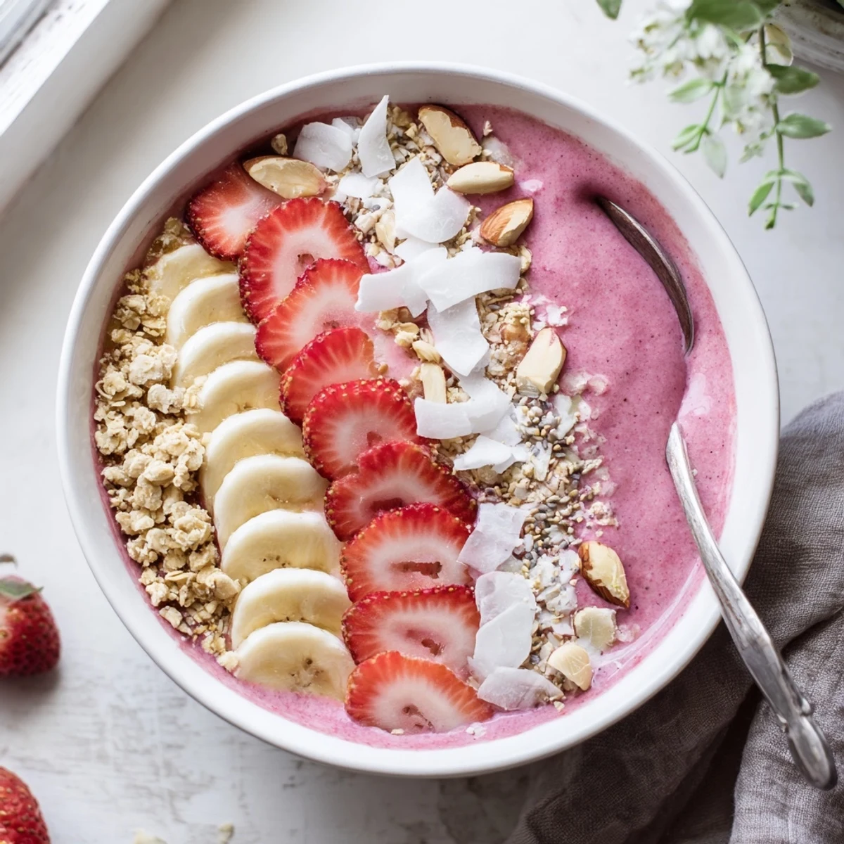 Vibrant smoothie bowl blending sweet strawberries and bananas with almond butter, garnished with sliced almonds and coconut