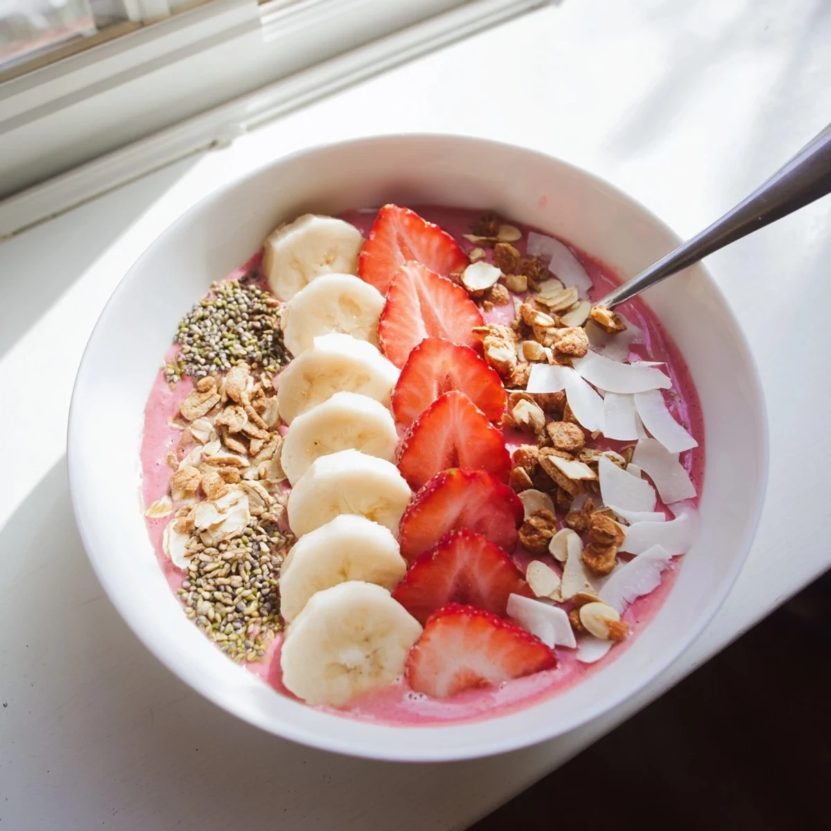 Nutrient-packed strawberry banana almond smoothie bowl with hemp seeds and fresh strawberry slices for wholesome breakfast