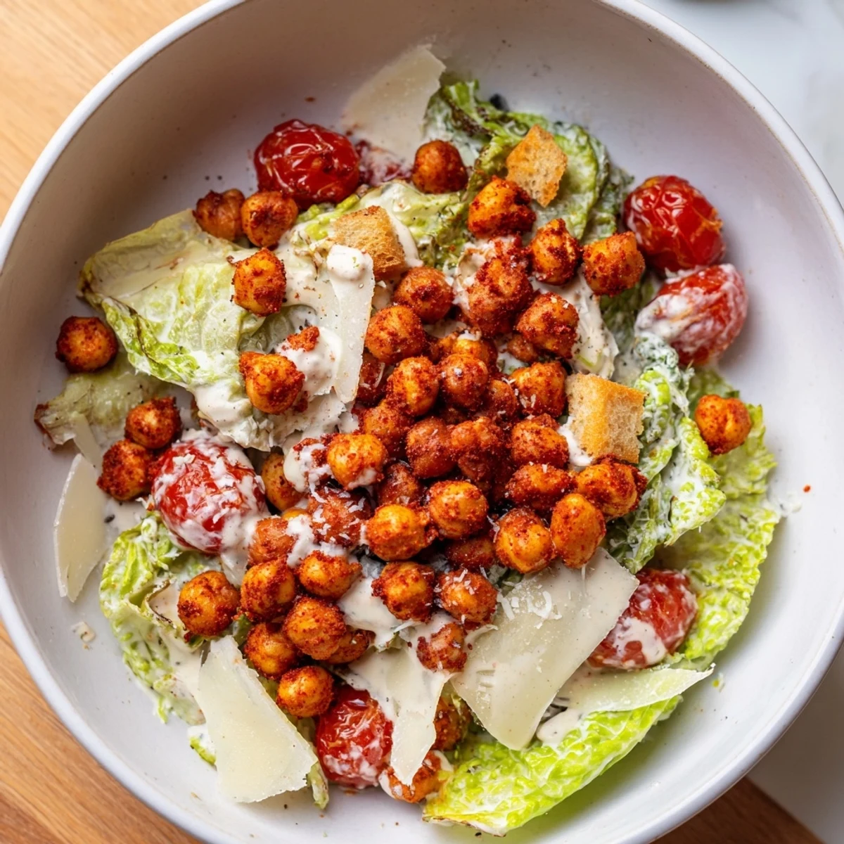 Golden crispy chickpea Caesar salad bowl topped with shaved Parmesan and fresh romaine lettuce