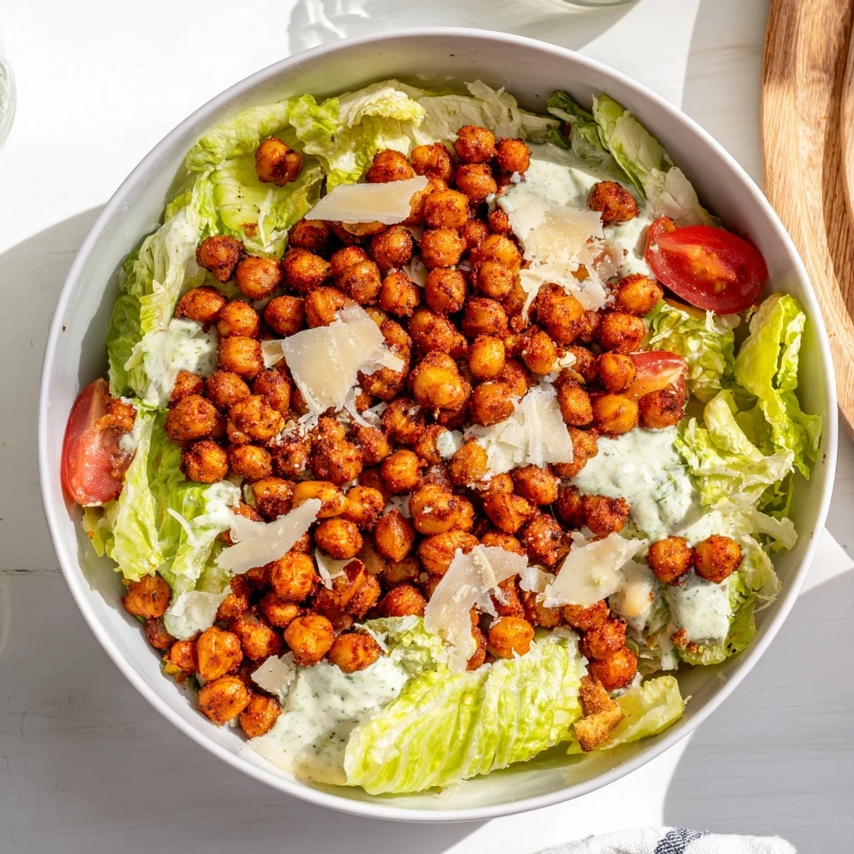 Close-up of crispy chickpea Caesar salad with zesty yogurt dressing and shaved Parmesan garnish
