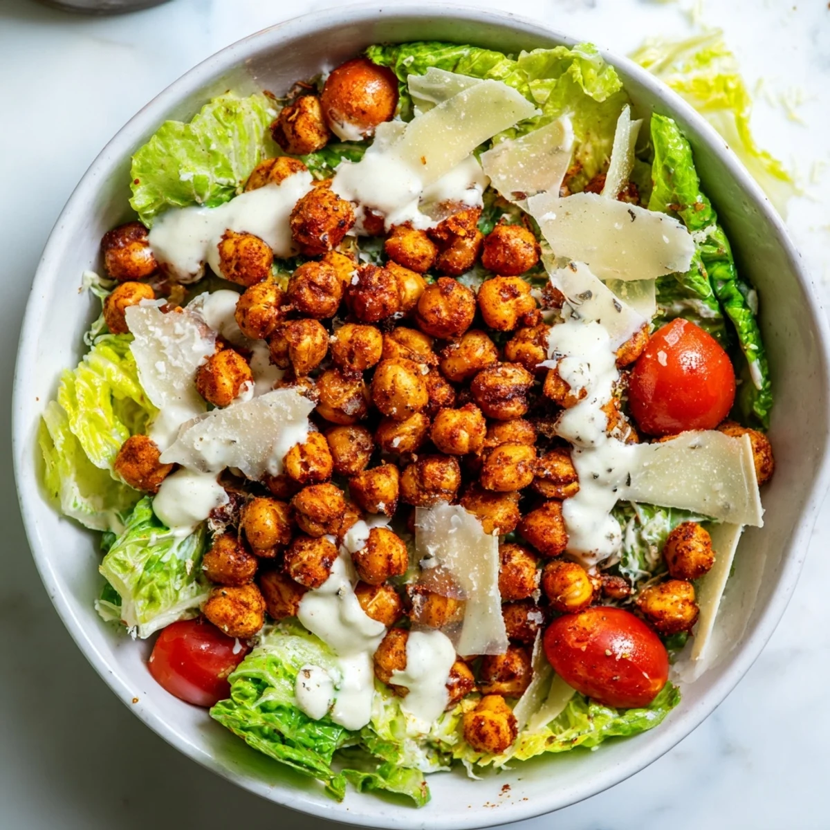 Vibrant Caesar salad bowl featuring crunchy roasted chickpeas, creamy dressing, and Parmesan ribbons