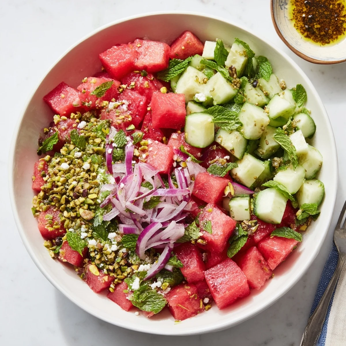 Refreshing watermelon cucumber mint salad bowl topped with crunchy pistachio crumble and vibrant summer vegetables