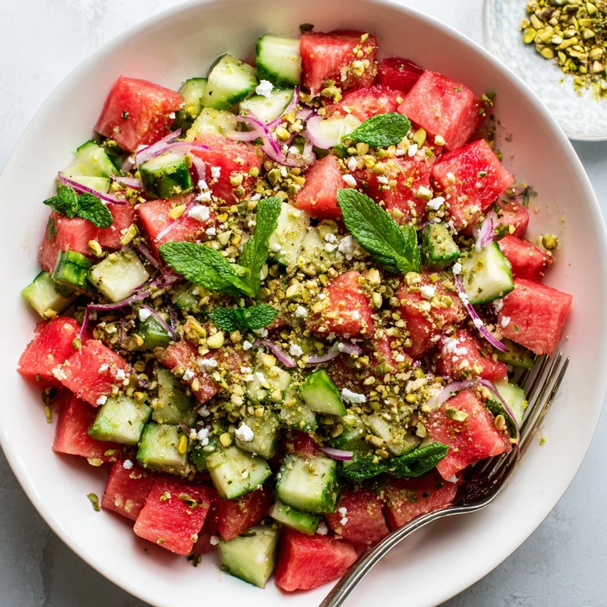 Light watermelon cucumber mint salad with chopped pistachios and lime dressing served in a white bowl