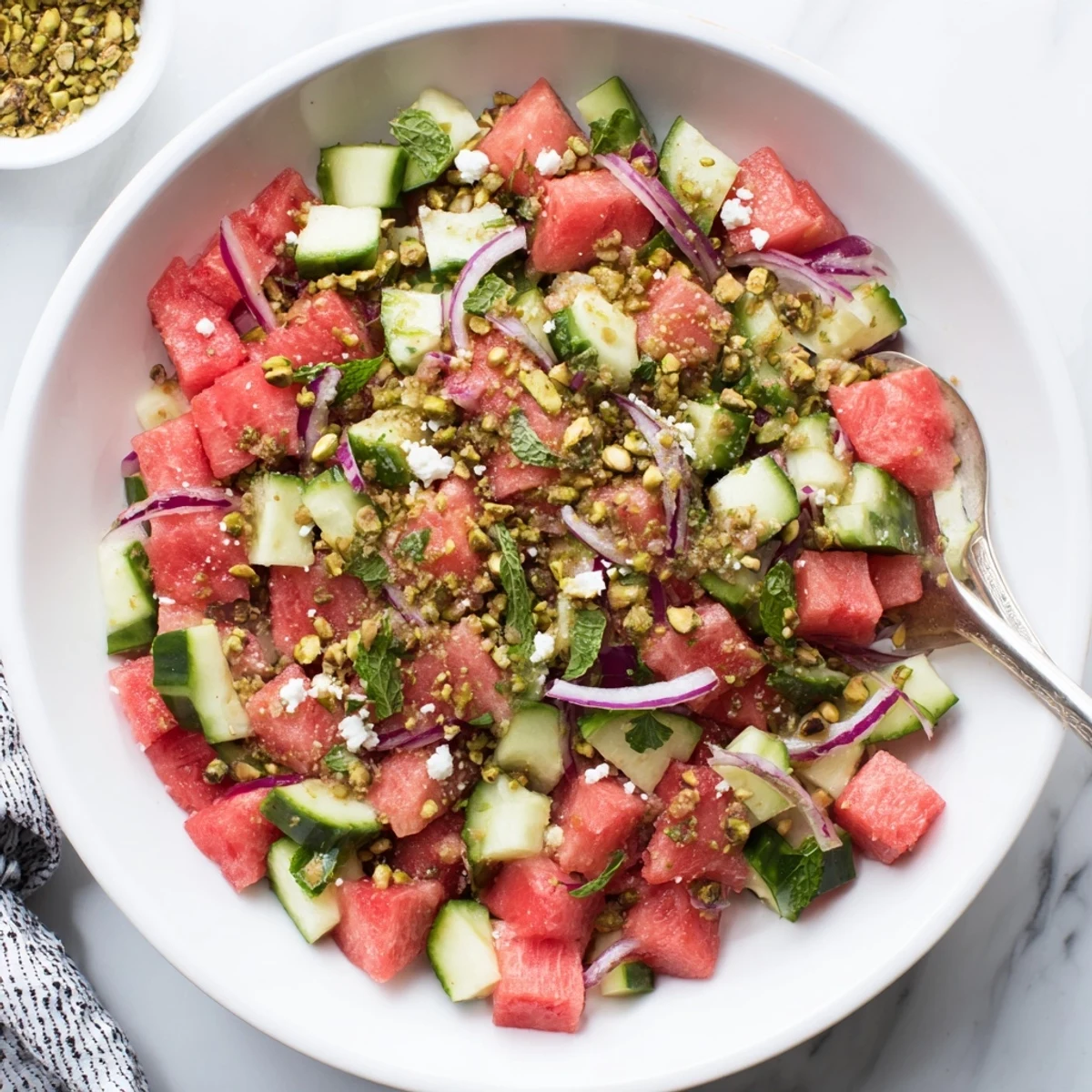 Juicy watermelon cubes and crisp cucumbers tossed with fresh mint in a colorful summer salad bowl