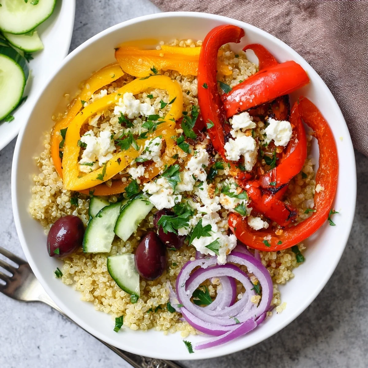 Vibrant grain bowl featuring sweet roasted peppers quinoa cherry tomatoes and tangy feta topping
