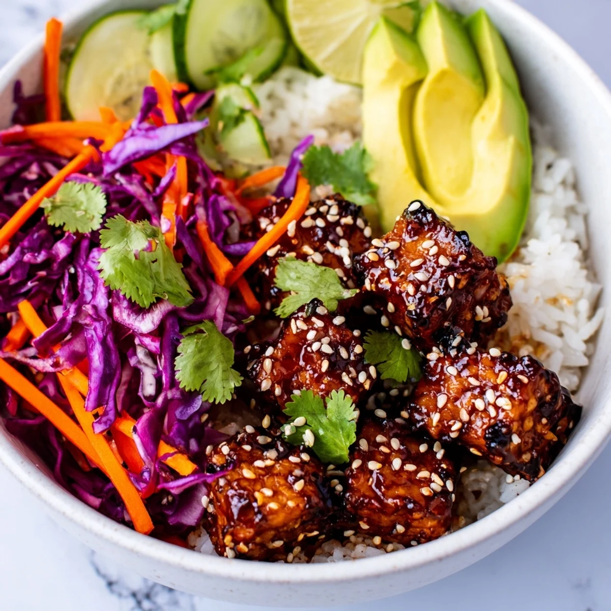 Colorful vegan bowl with maple Sriracha tempeh, crisp purple cabbage slaw, fluffy rice, and creamy avocado slices