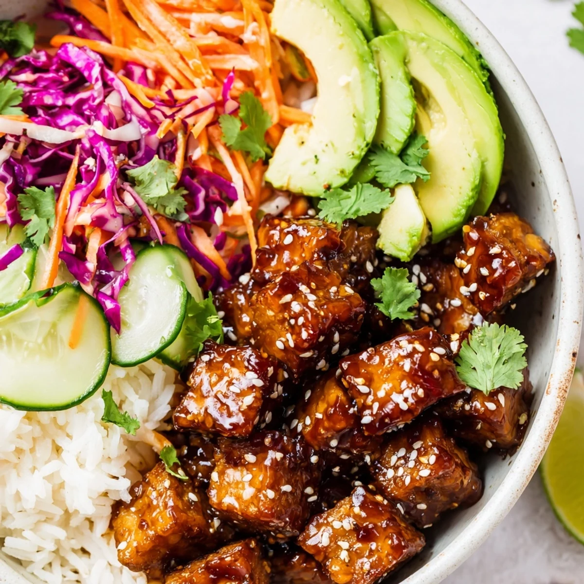 Golden caramelized tempeh cubes glazed in sweet spicy maple Sriracha sauce atop a bed of vibrant vegetable slaw